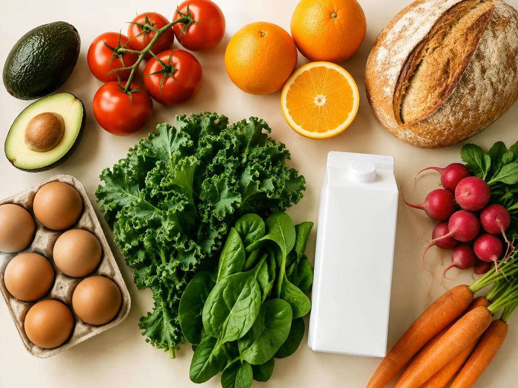 Fresh groceries including tomatoes, oranges, bread and greens